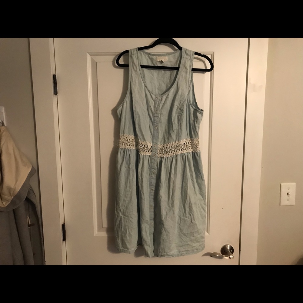 Button up denim dress with see-through lace detail